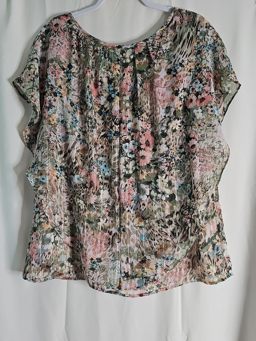 Sara Michelle Sheer Floral & Animal Print Blouse — Pink, Green & Cream - Picture 5 of 7
